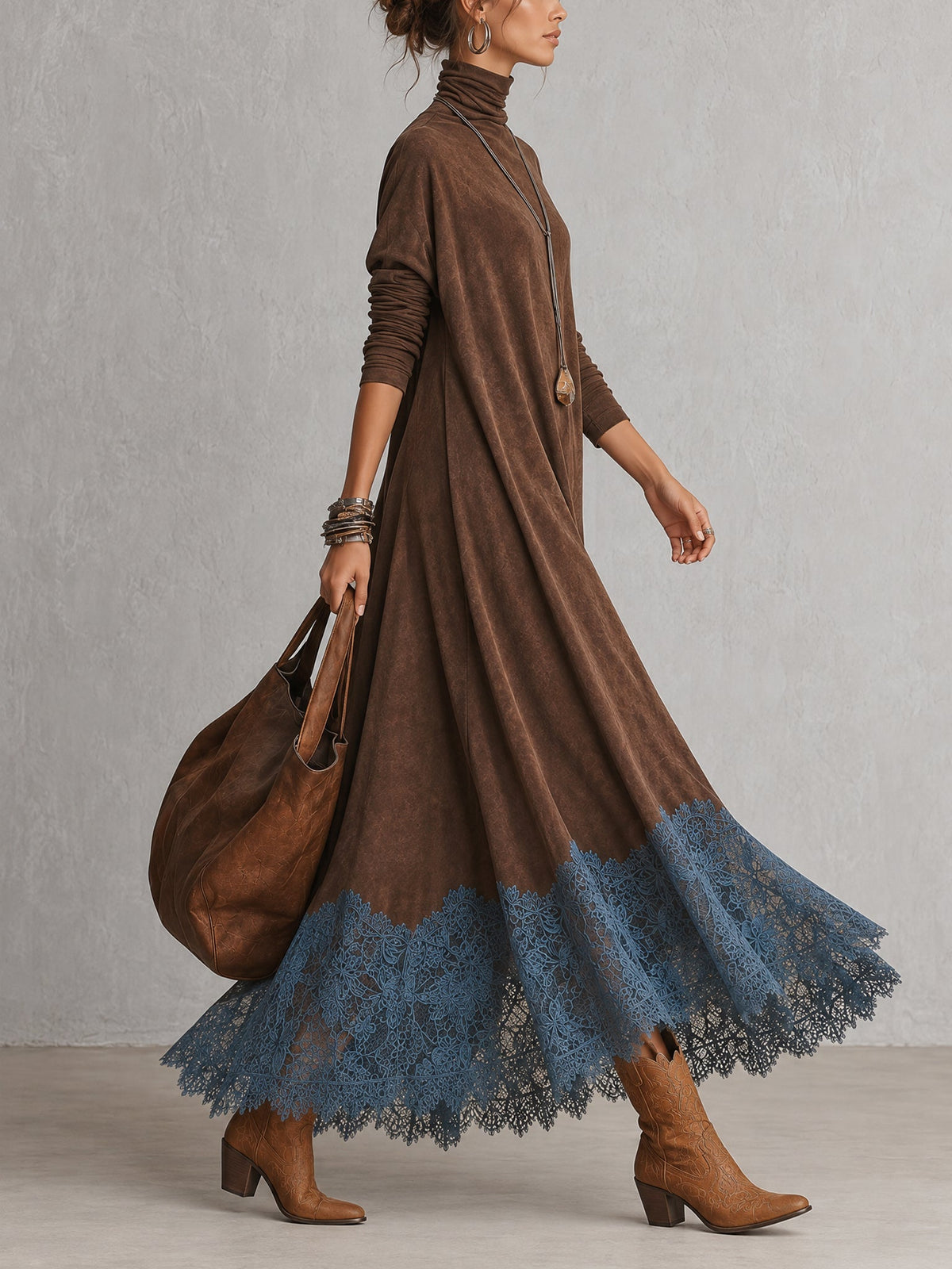 Rosalie | Robe longue effet daim à ourlet en dentelle