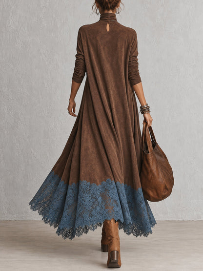Rosalie | Robe longue effet daim à ourlet en dentelle