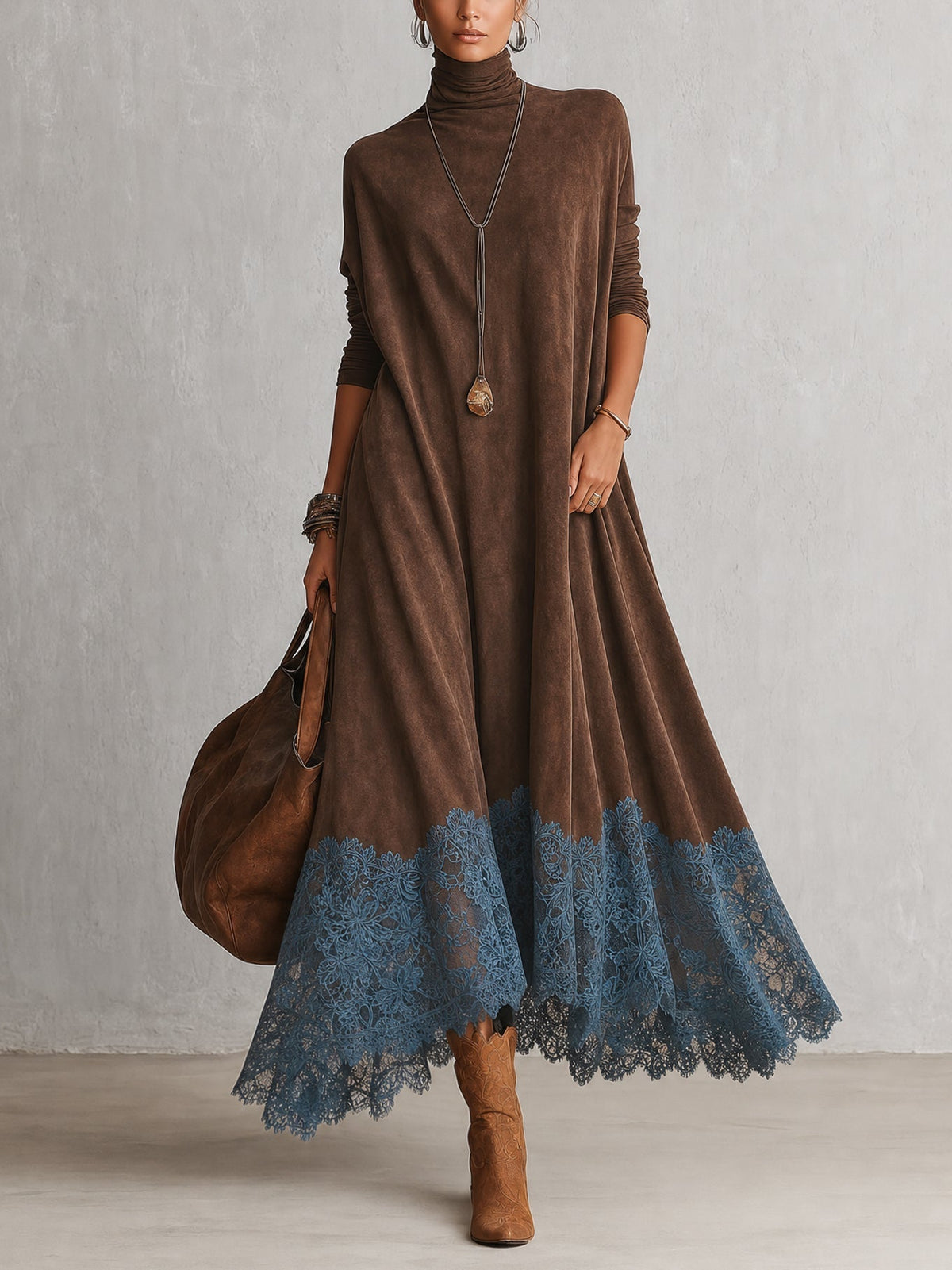 Rosalie | Robe longue effet daim à ourlet en dentelle