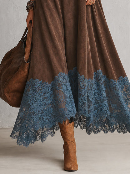 Rosalie | Robe longue effet daim à ourlet en dentelle