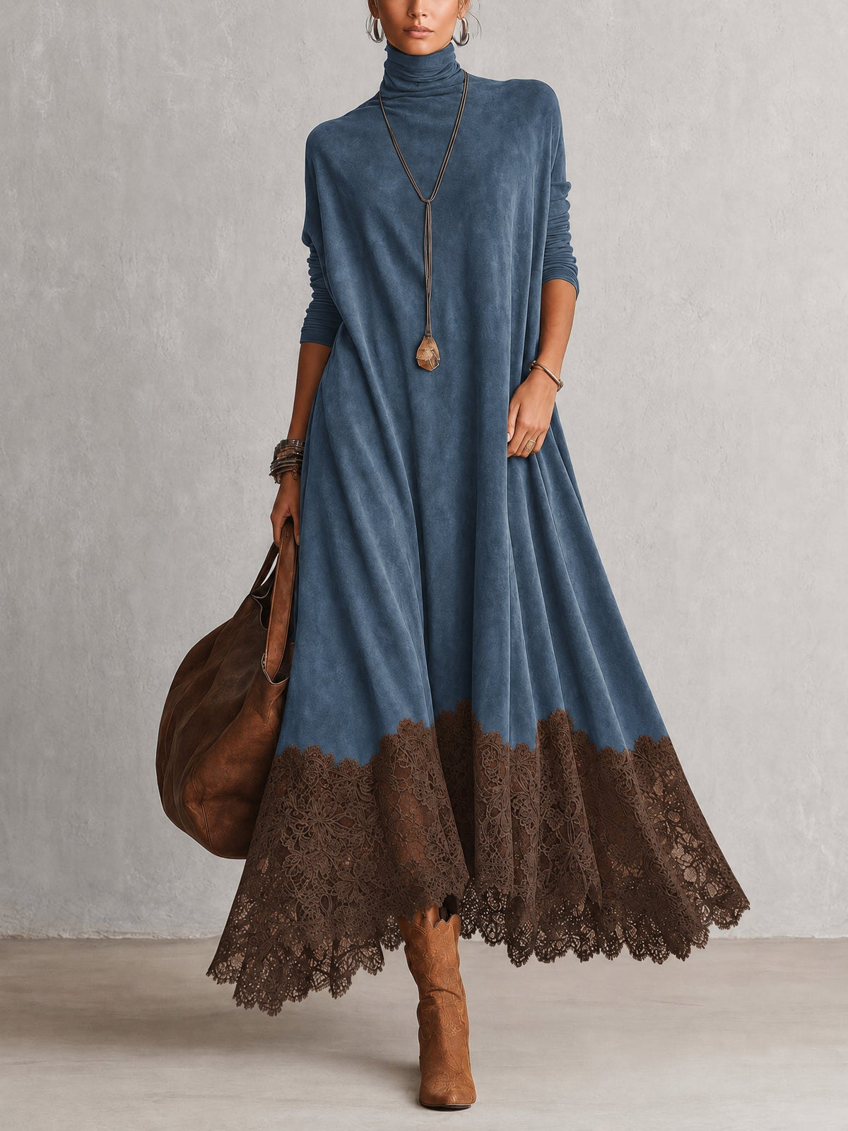 Rosalie | Robe longue effet daim à ourlet en dentelle