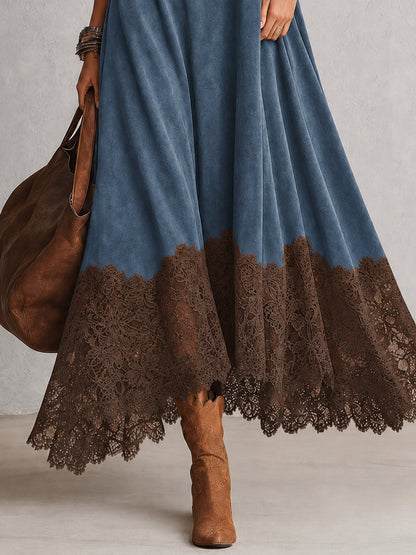 Rosalie | Robe longue effet daim à ourlet en dentelle