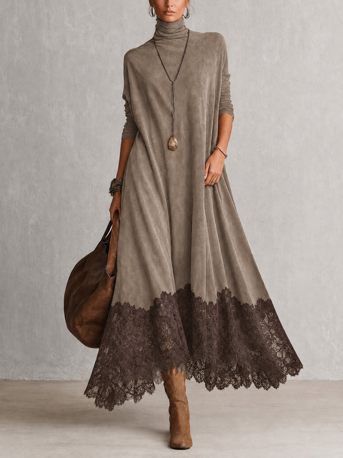 Rosalie | Robe longue effet daim à ourlet en dentelle