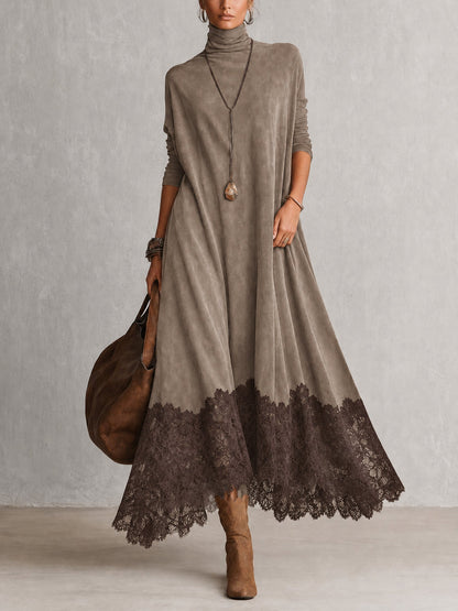 Rosalie | Robe longue effet daim à ourlet en dentelle