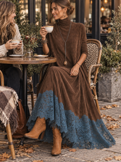 Rosalie | Robe longue effet daim à ourlet en dentelle