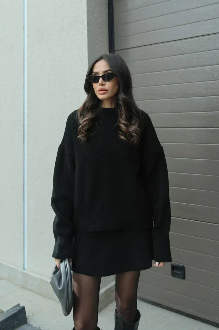 Anaïs, ensemble pull et jupe en maille noir – AvoraVarelle