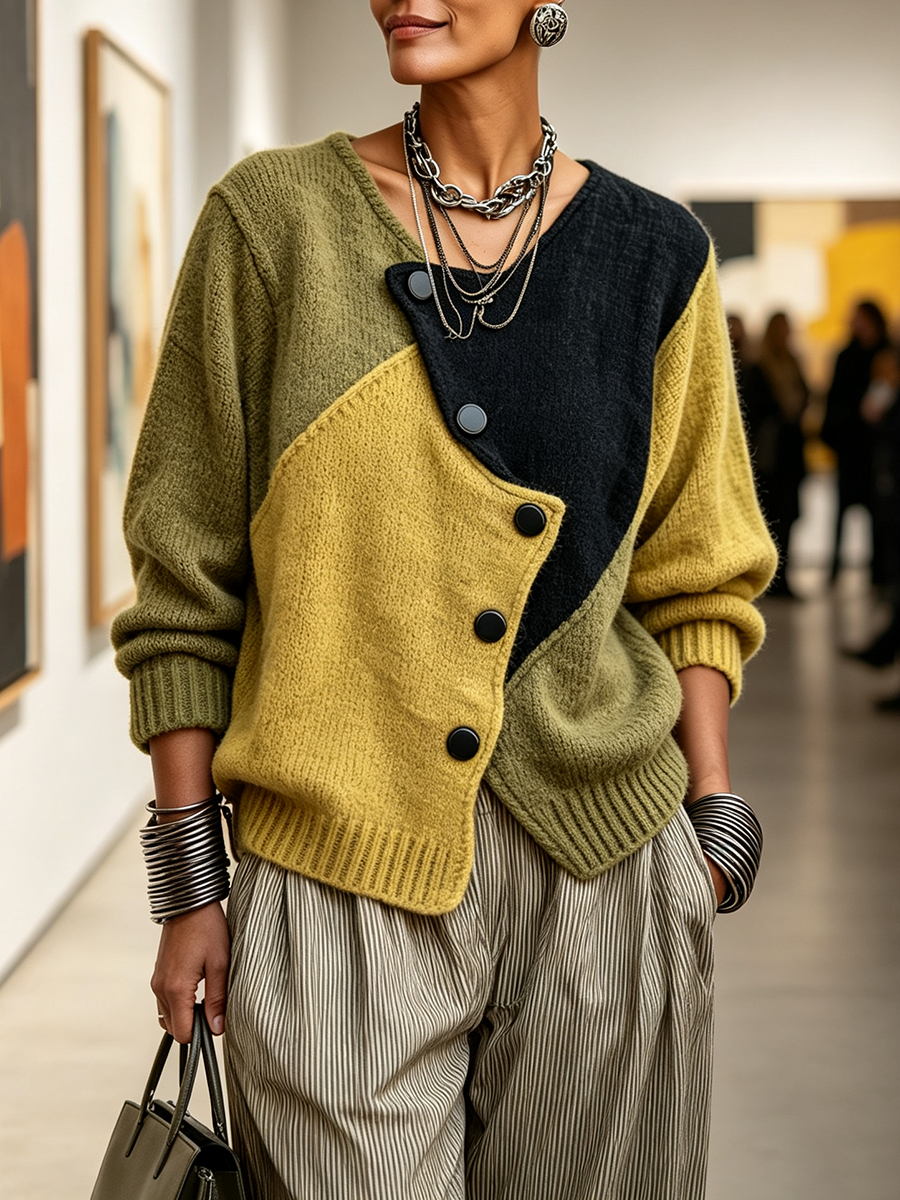 Clémence | Pull en maille asymétrique à blocs de couleurs